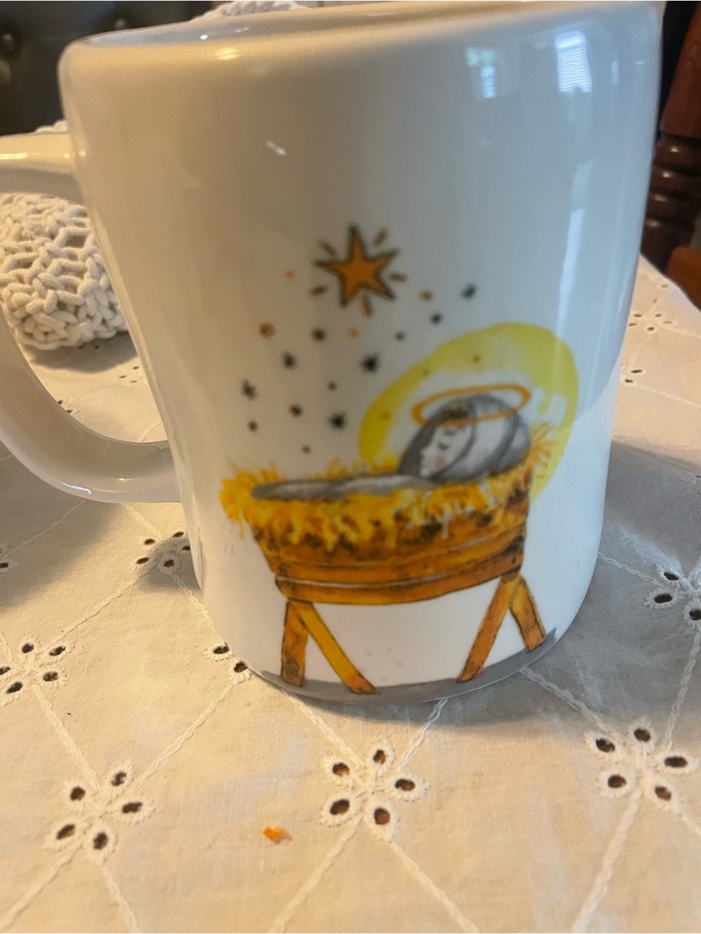 Rae Dunn White Mug with Yellow and Gold Nativity Manger Illustration